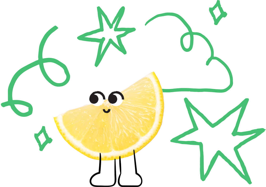 Illustration of a personified lemon with doodles around it