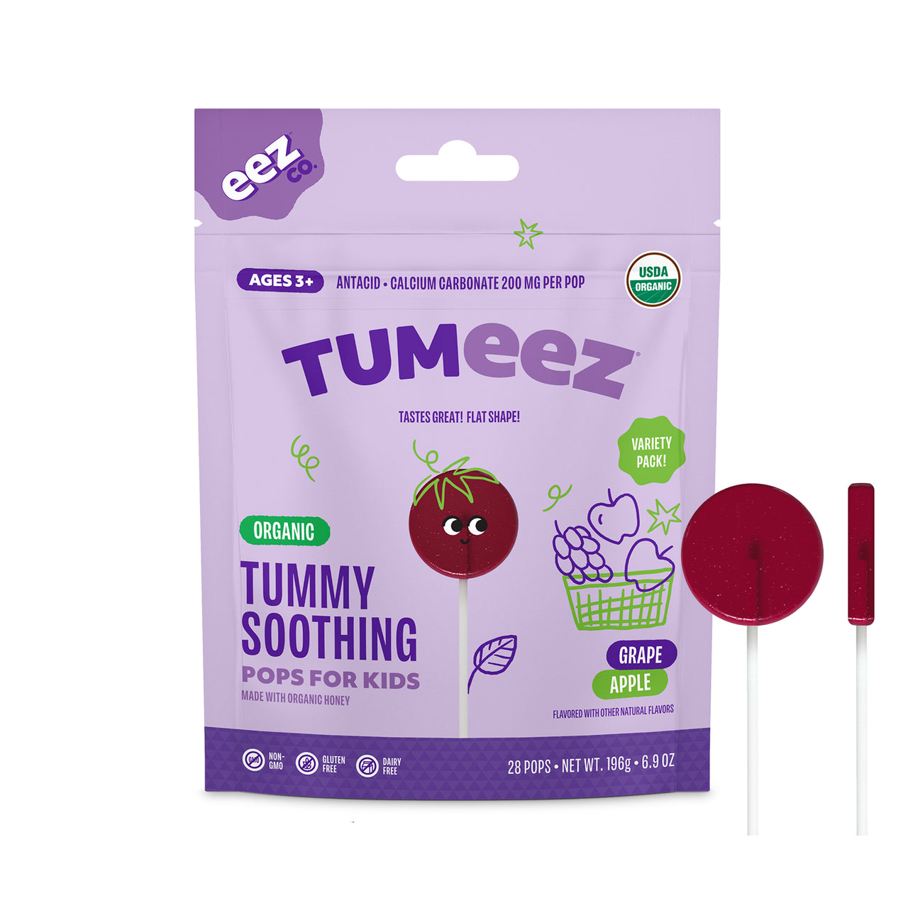 Tumeez by EEZ Co. Organic Tummy Soothing Pops for Kids, Variety Pack, 28ct