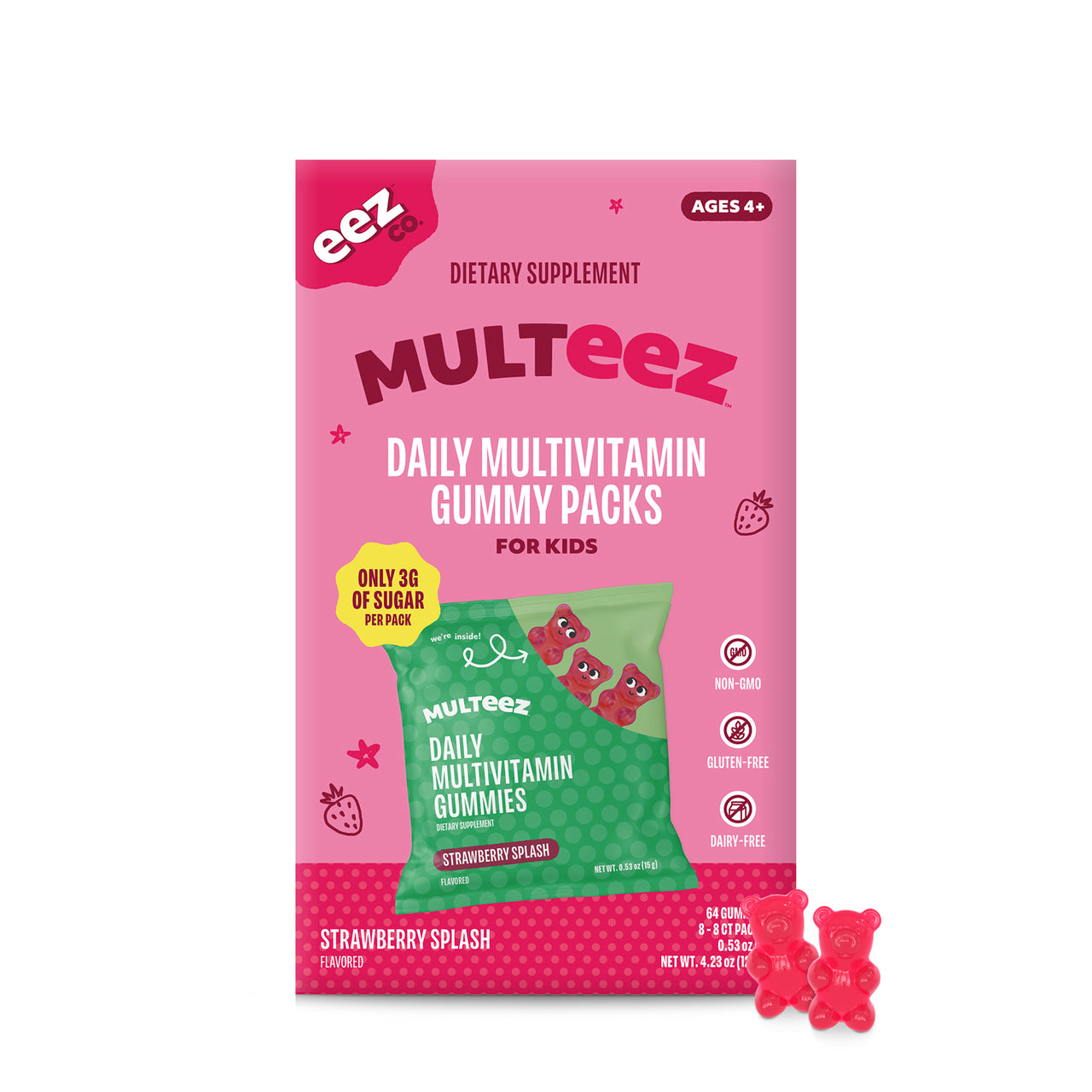 Multeez Multivitamin Gummy Packs for Kids, Strawberry Splash, 8 pack
