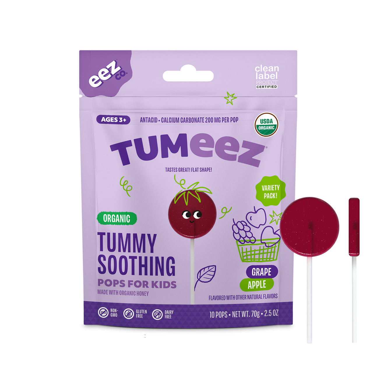 Tumeez Organic Tummy Soothing Pops for Kids, Variety Pack