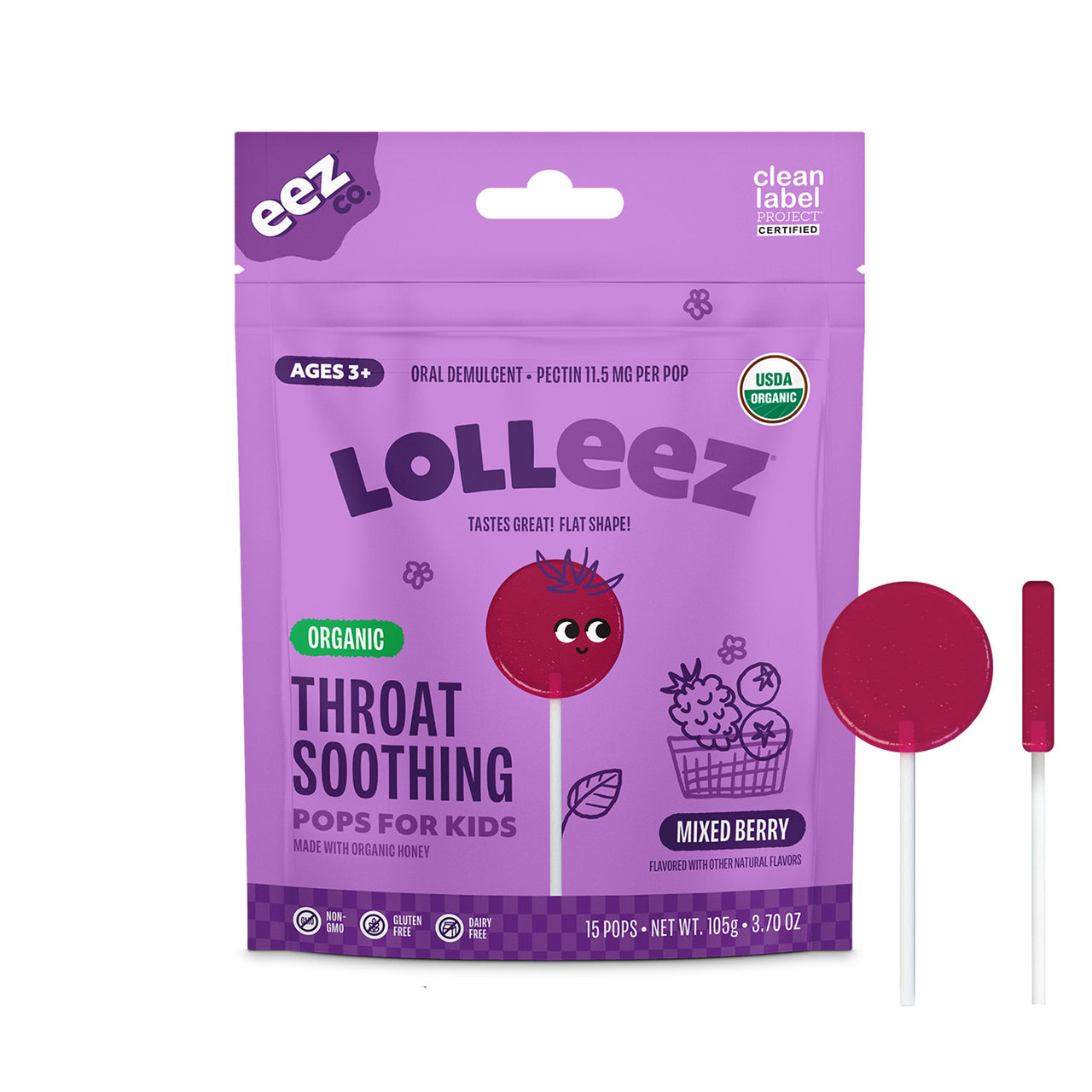 Lolleez Organic Throat Soothing Pops for Kids, Mixed Berry with Elderberry