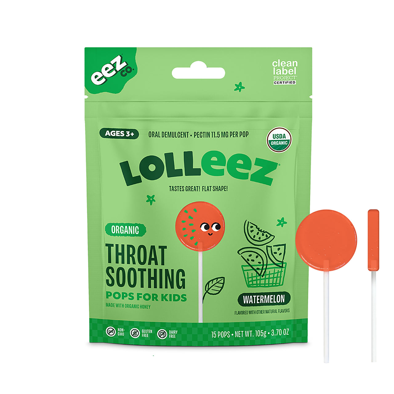 Lolleez Organic Throat Soothing Pops for Kids, Watermelon