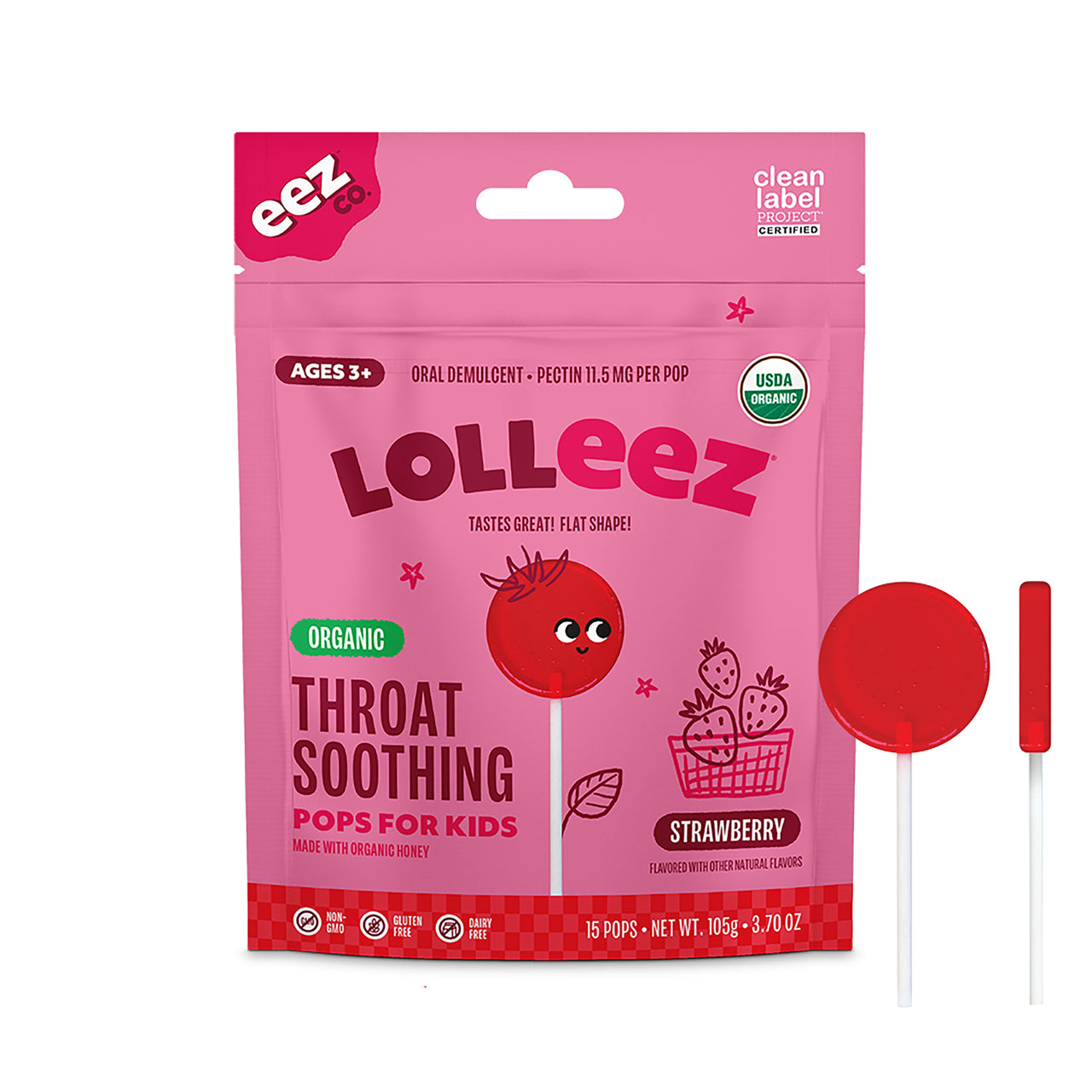 Lolleez Organic Throat Soothing Pops for Kids, Strawberry