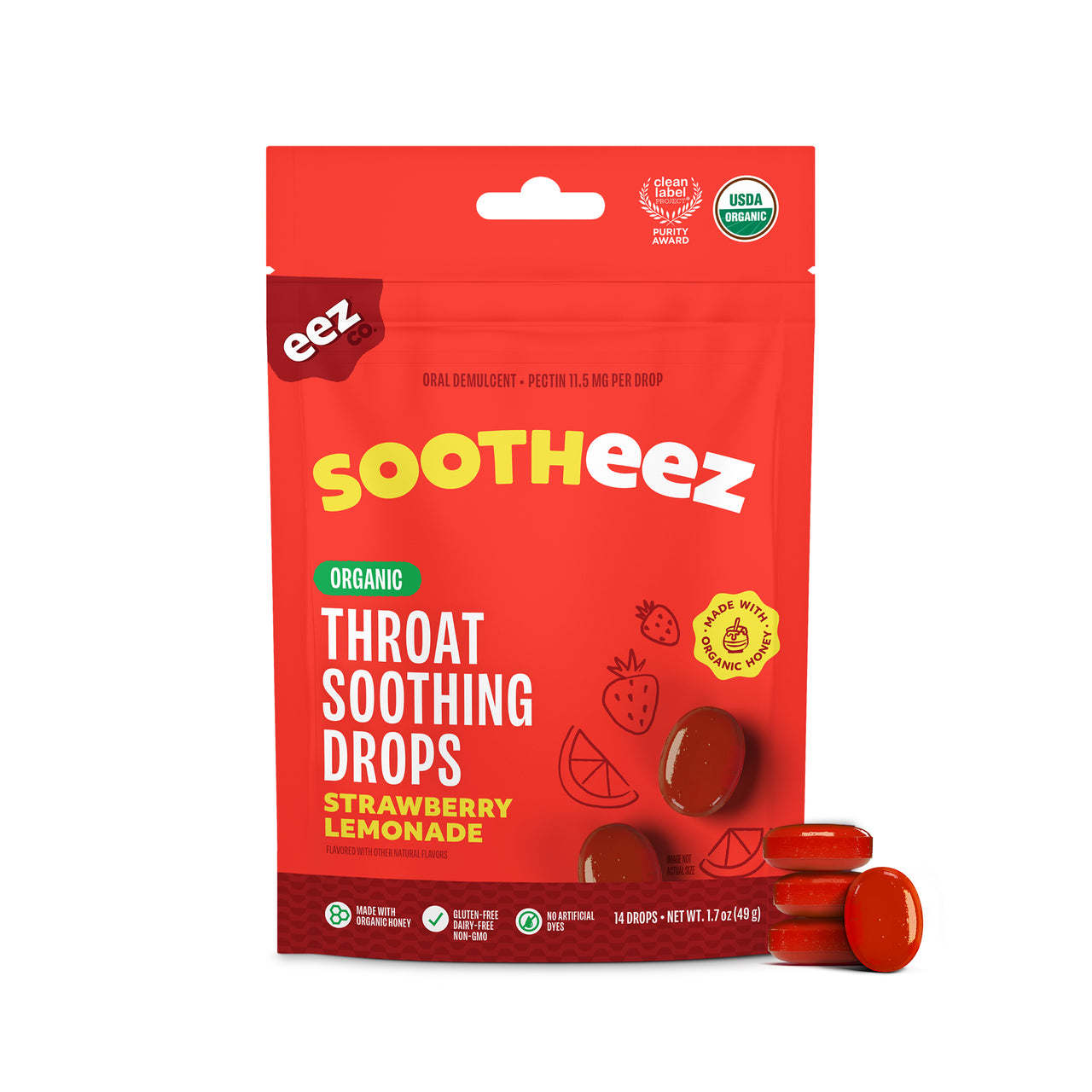 Sootheez Organic Throat Soothing Drops Pouch, Strawberry Lemonade, For Adults